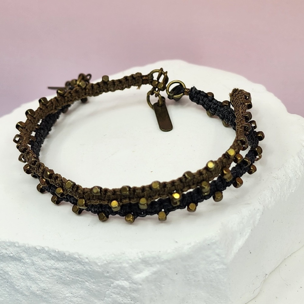 Altiplano Brass Tone Cube Bead Woven Cord Bracelet Set Brown Black Boho Artisan